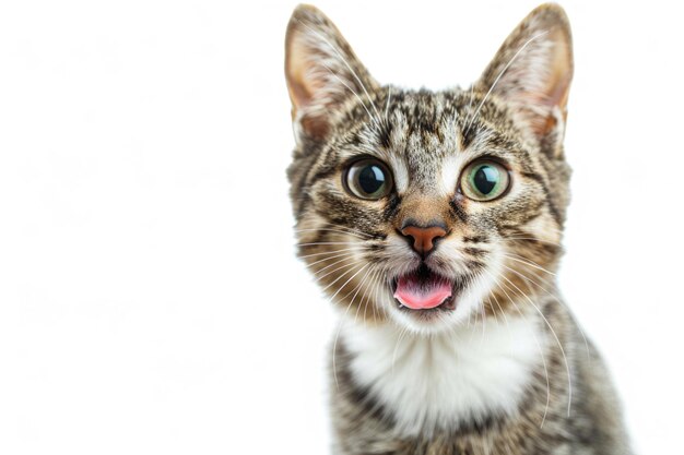 A cat making a funny face with its tongue out isolated on a white background