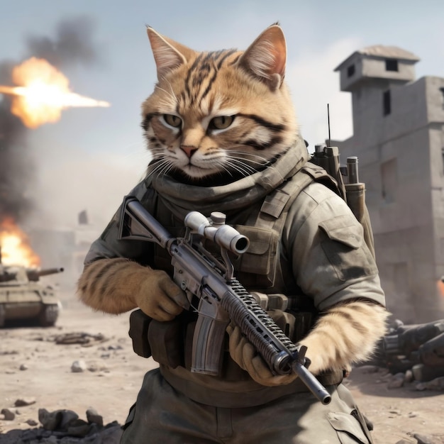 a cat in a military uniform with a gun in his hand