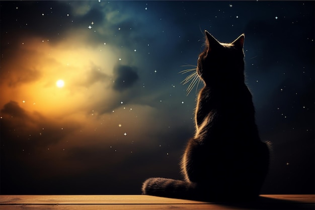 a cat and a moon looking at the moon