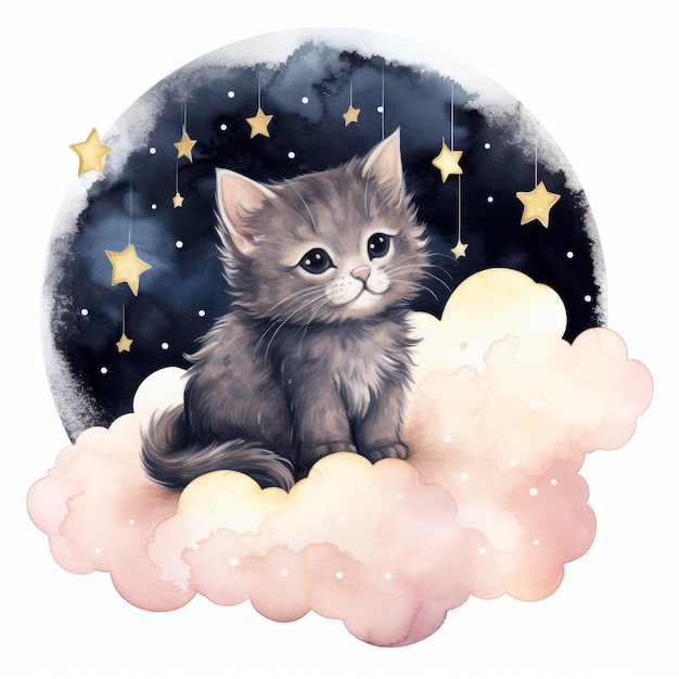 Cat Over a Moon Watercolour Niji Simple Minimalist 2