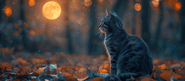 Photo cat under the moonlight in autumn