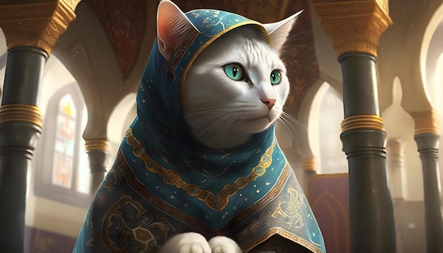 A cat in the Mosque The Adorable Feline in Islamic Attire with Generative AI Technology