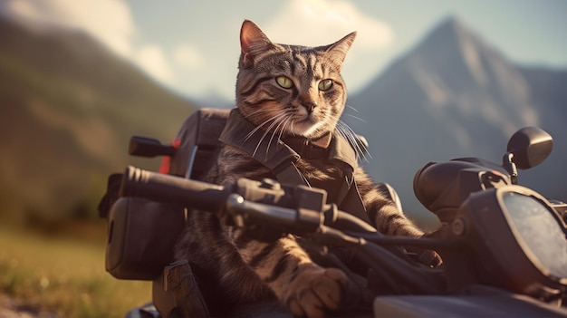 A cat on a motorcycle with mountains in the background