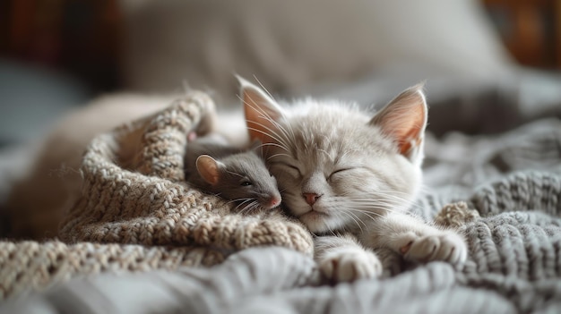 Cat and mouse taking nap together