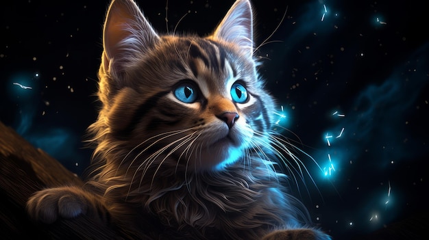 Photo cat muzzle in cosmic atmosphere in dark colors with stars neural network ai generated