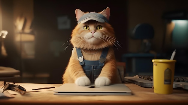 A cat named cat is on a desk in a scene from the film cat.