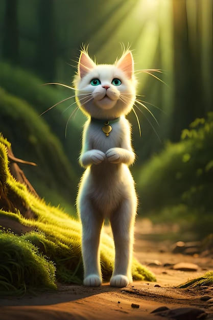 A cat named pixie stands in a forest with the words'cat'on the front.