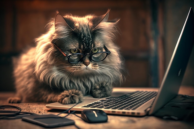 Cat at Office Desk with Computer Generative AI