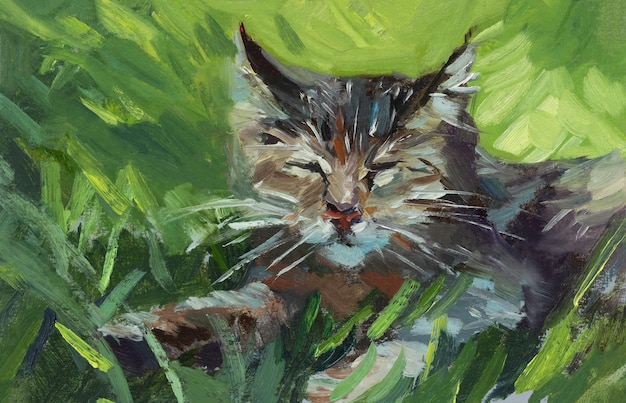 Cat oil painting. Portrait of a kitten sleeping in the green grass. Cute funny pet