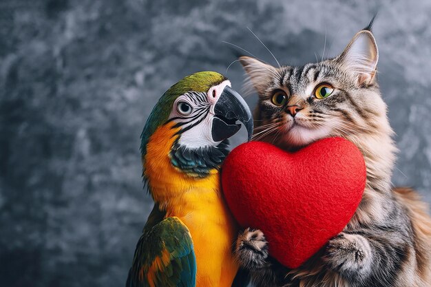 Photo a cat and a parrot are holding a heart shaped heart