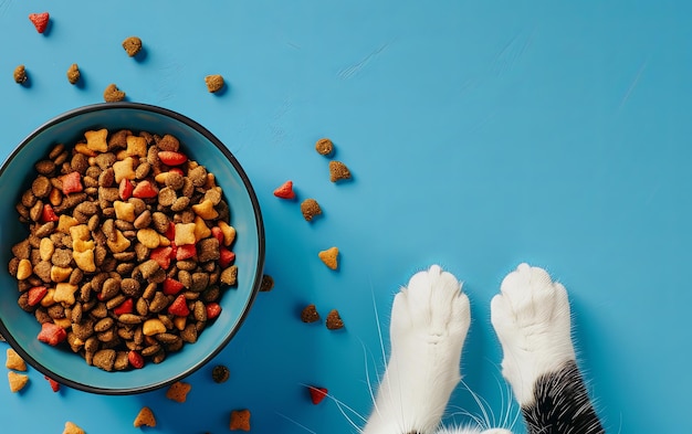 Photo cat paws reaching for a bowl of dry cat food on a bright blue surface