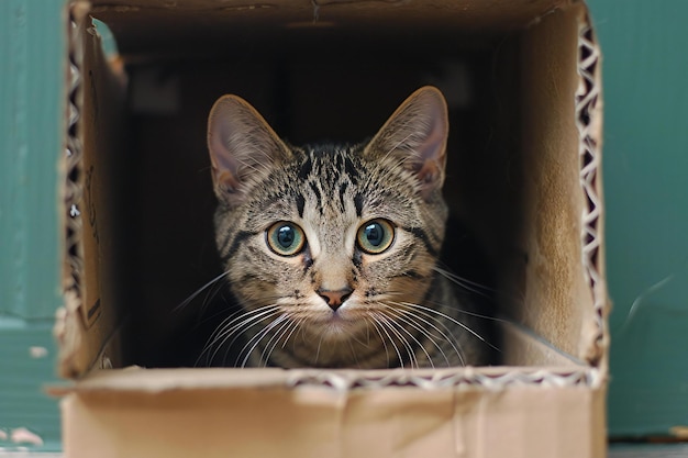 A cat peeking out of a cardboard box high quality high resolution