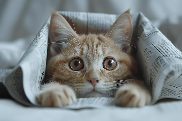 Cat peeking out from behind a paper high quality high resolution