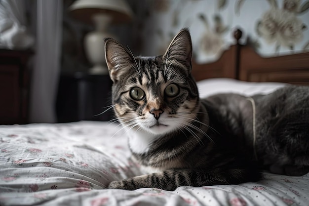 A cat perched on a bed and facing the camera Generative AI