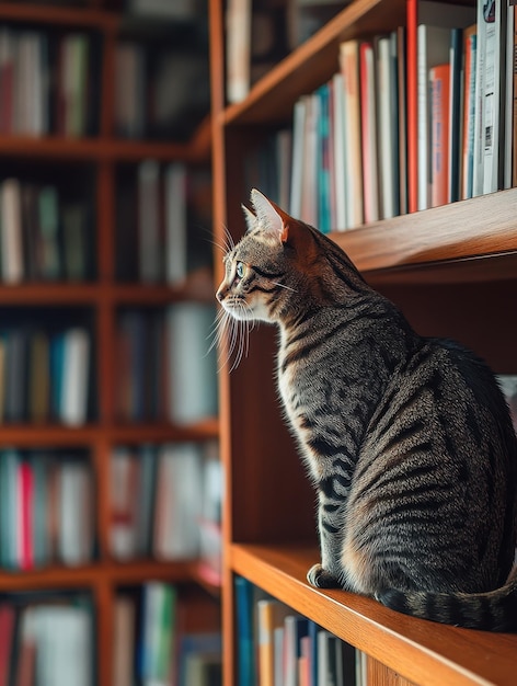 Photo cat perched high on a bookshelf surveying the room