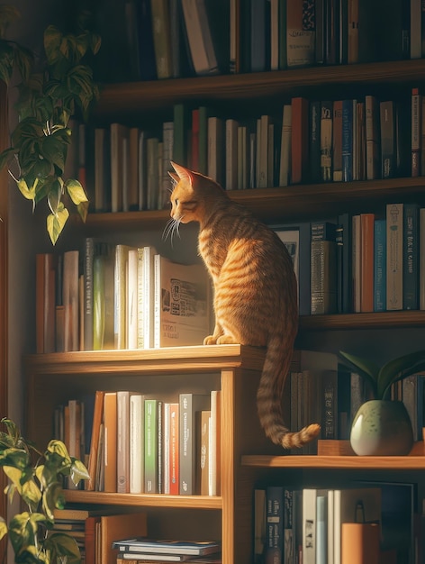 Photo cat perched high on a bookshelf surveying the room