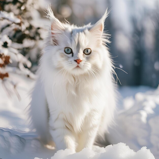 Photo cat pet animal in snow during winter adorable fluffy kitten with white fur playful and cute