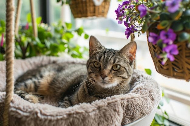 Cat in pet bed near a sunny window with hanging baskets of spring flowers Generative AI