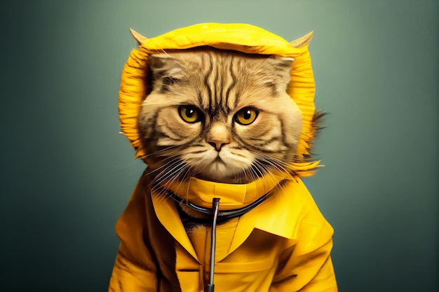 Cat pet in a yellow raincoat illustration Generative AI