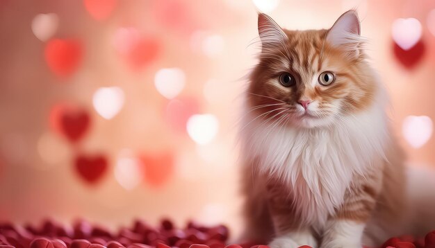 cat on pink background with hearts valentines day concept