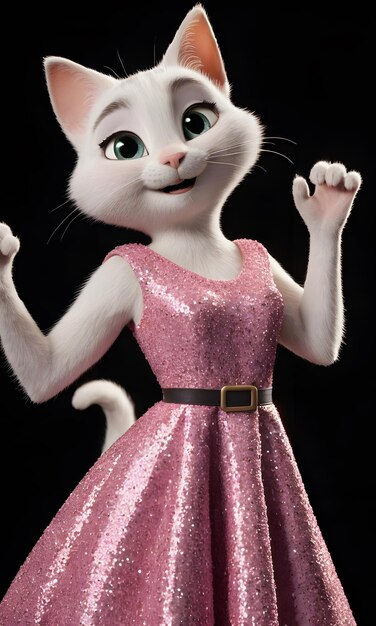 a cat in a pink dress with green eyes and a black background