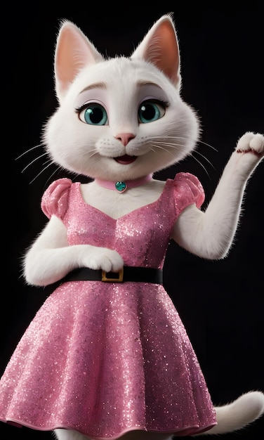 a cat in a pink dress with green eyes and a black belt