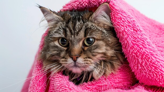 Photo the cat in pink towel