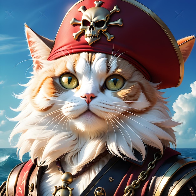 Cat Pirate is a closeup surrealist digital graphic of a cat dressed as a pirate The cat is standi