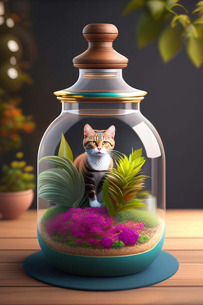 A cat and plants in a glass bottle