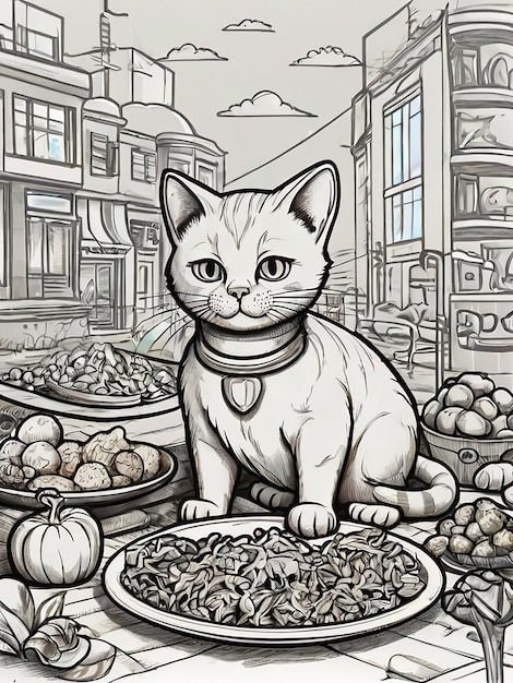 cat plate loaded with insane amount of food crisp dark lines outlines bw outline art