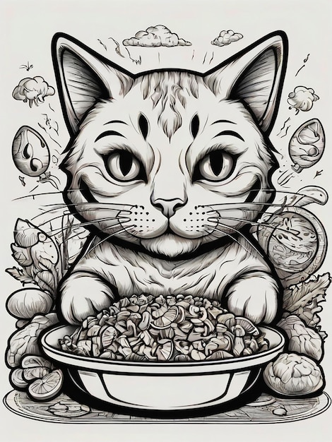 cat plate loaded with insane amount of food crisp dark lines outlines bw outline art