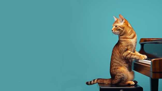 A cat playing a grand piano with a solid blue background The cat s paws are on the keys eyes focused as if it s deeply engrossed in the music