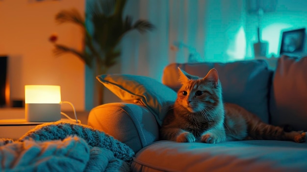 Cat playing on the sofa in the living room modern decor with soft ambient lighting playful and joyful atmosphere detailed and sharp hd quality ar 169 Job ID 51f61b02b84940aca9d5c78918e72813