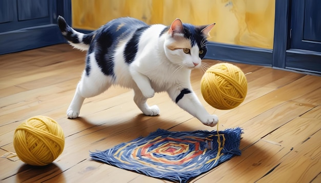 a cat playing with a ball and a ball