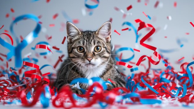 Photo a cat playing with red white and blue streamers minimalist background empty space for text