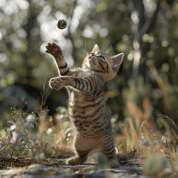 Photo a cat playing with toy with natural back garound