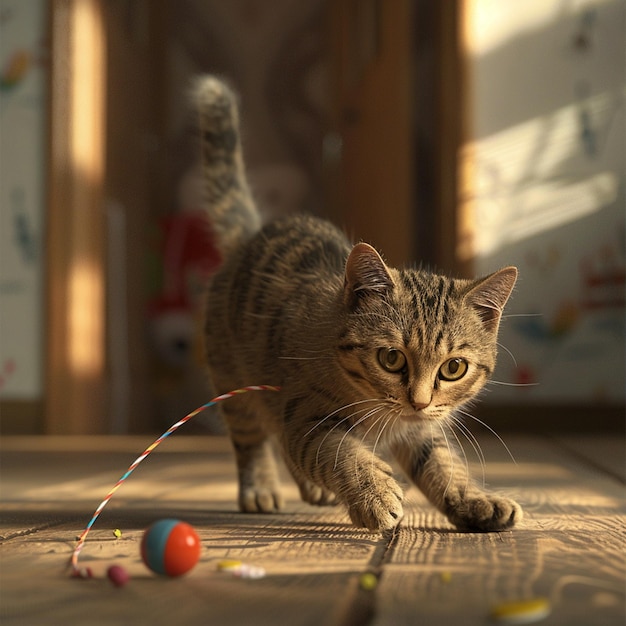 a cat playing with toy with natural back garound