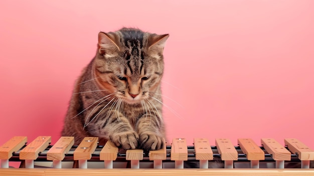 A cat playing a xylophone with a solid light pink background The cat is hitting the xylophone bars with its paws creating a charming and unique musical scene