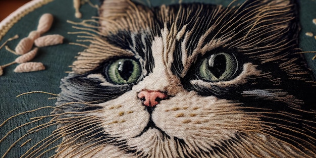 Cat portrait embroidery on canvas yarn Generative AI