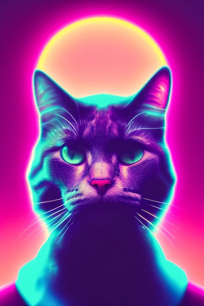 Cat portrait in synthwave style