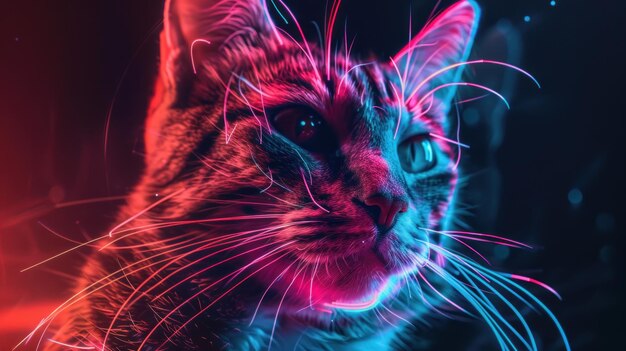 Photo cat portrait with purple glowing fur effect from neon light ai generated