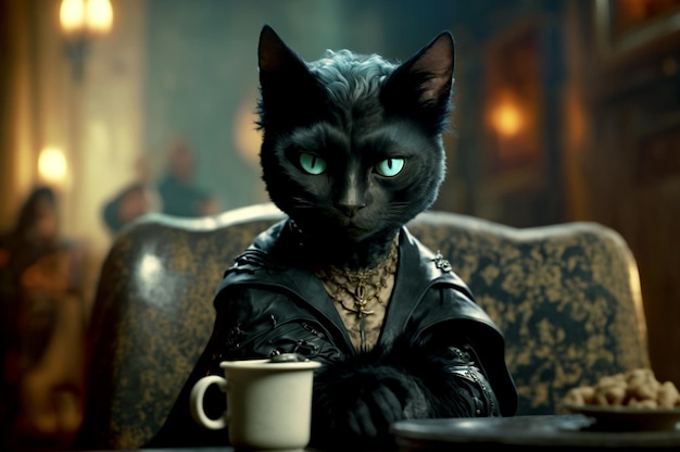 Cat posing as a mafia boss Cute cat wears suit and drinks coffee