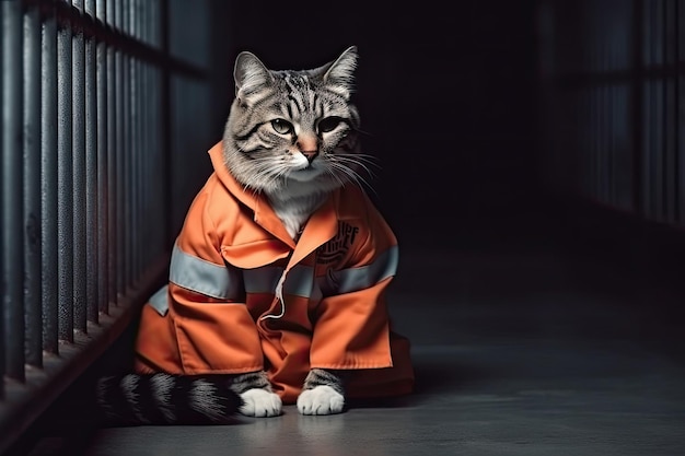 Cat in prisoner costume in prison cage Generative AI