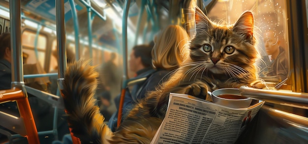 Cat on public transport with coffee and newspaper