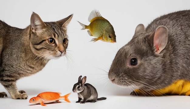 Photo a cat and a rabbit are looking at a rabbit and a rabbit