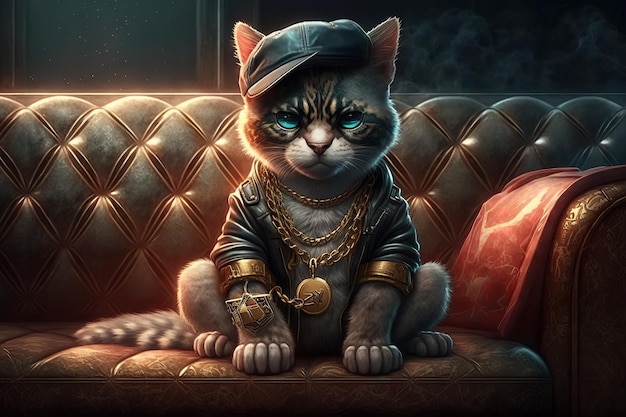 Cat rapper boss in gangsta style with gold chains Thug life concept Generative AI illustration