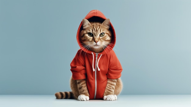 Cat in red clothes on a blue background Copy space