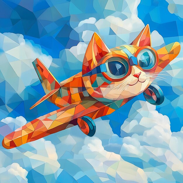 a cat in a red goggles is flying through the clouds