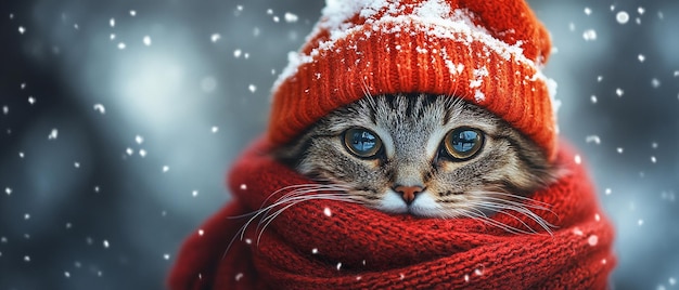 Photo cat in red hat and scarf