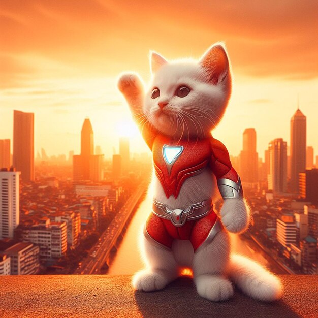 Photo a cat in a red suit stands on a ledge with a red sky behind him